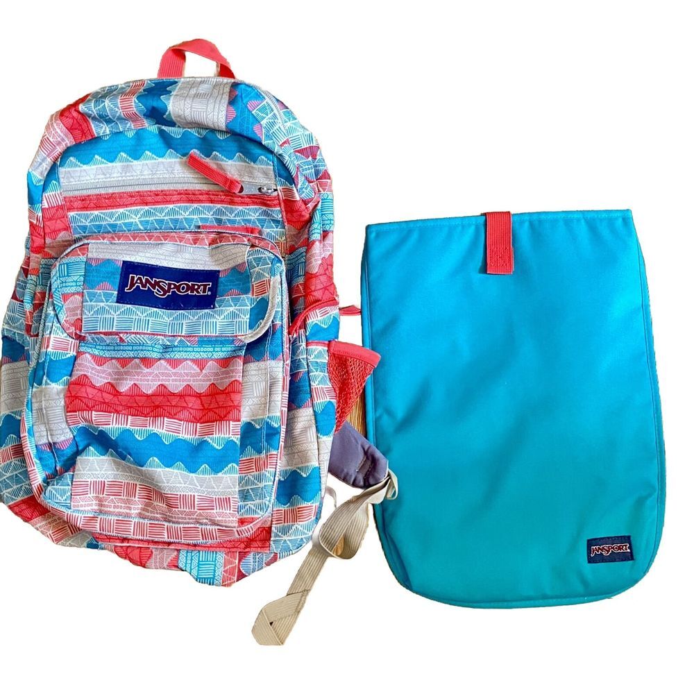 Jansport Aztec Pattern Coral Teal Cream Multiple Zippers Laptop Insert Hg11‎